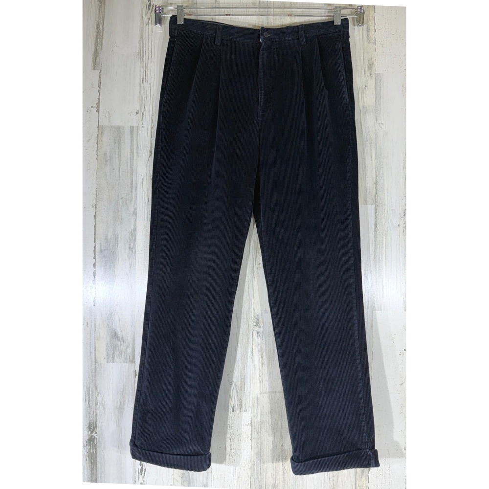 Club Room Corduroy Pants 36/34 Black Pleated Cuffed Straight Leg Wide Wale